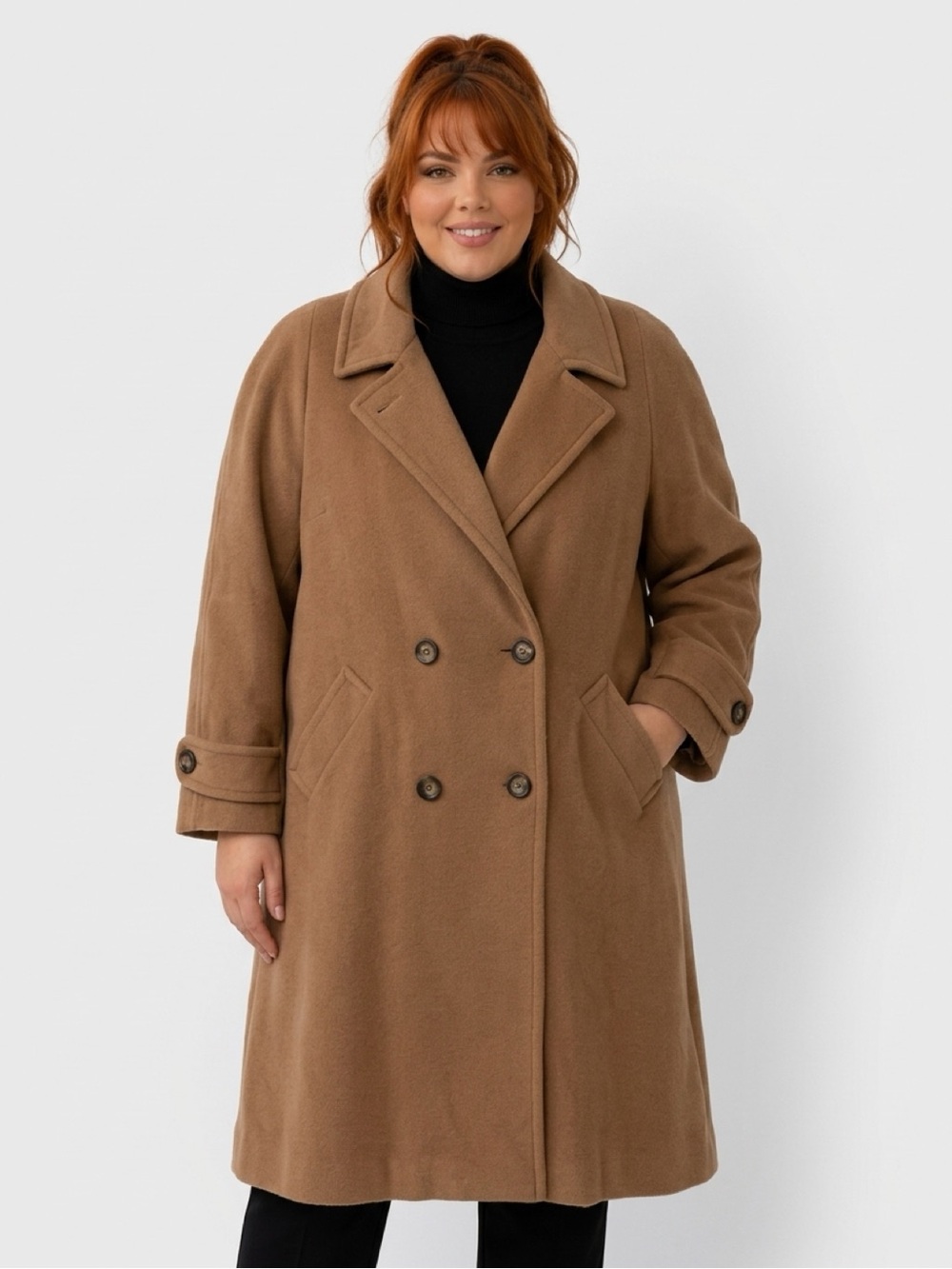 Women's Double-Breasted Tan Pea Coat 85% Wool et 15% cachemire - Picture 2 of 10